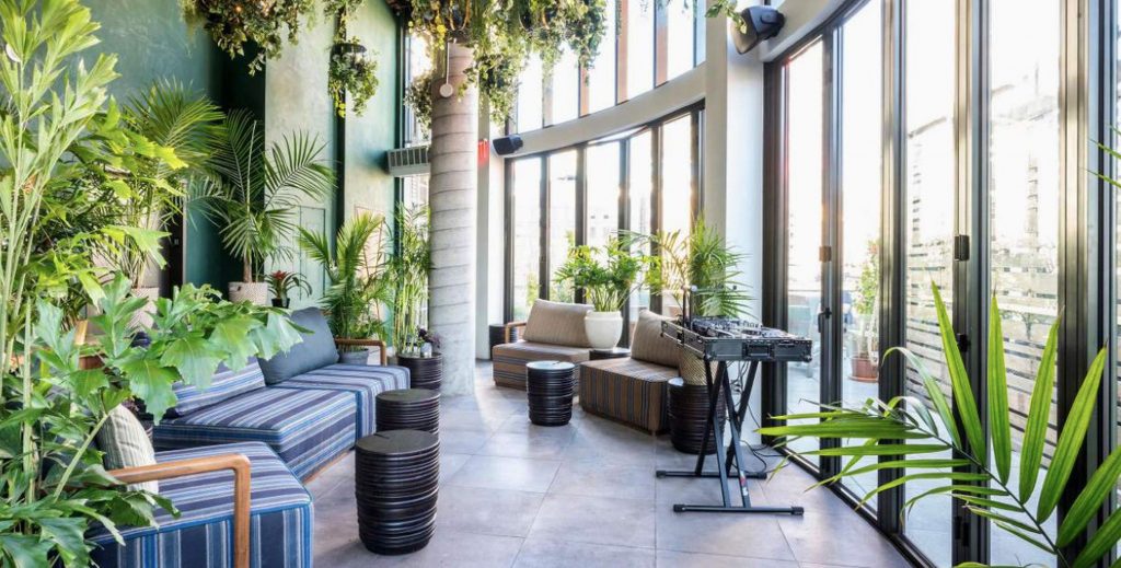 An enclosed rooftop area with lush plants