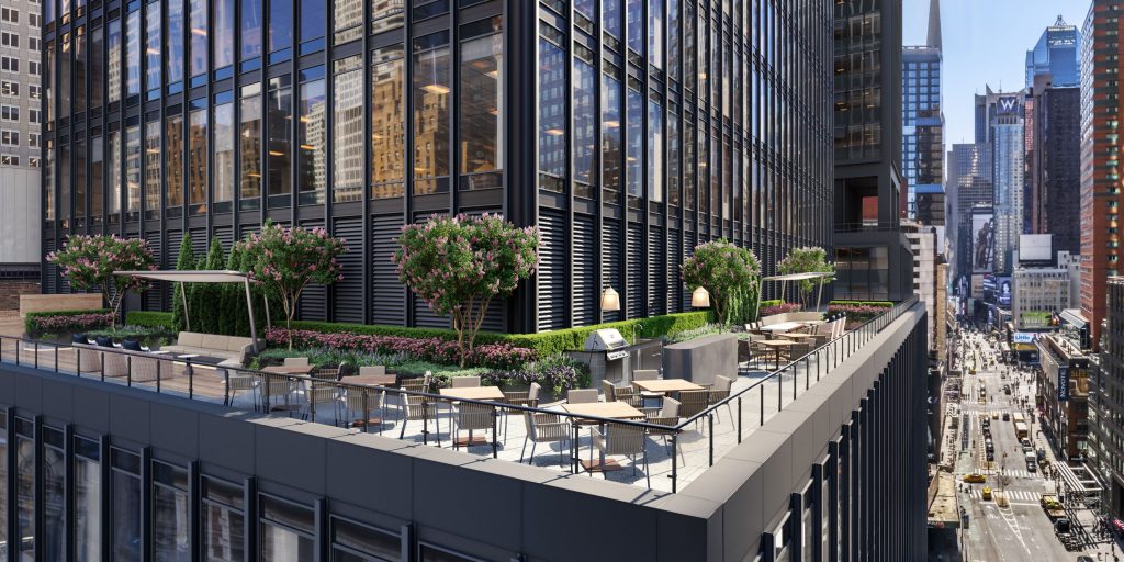A corner rooftop patio in the middle of New York City