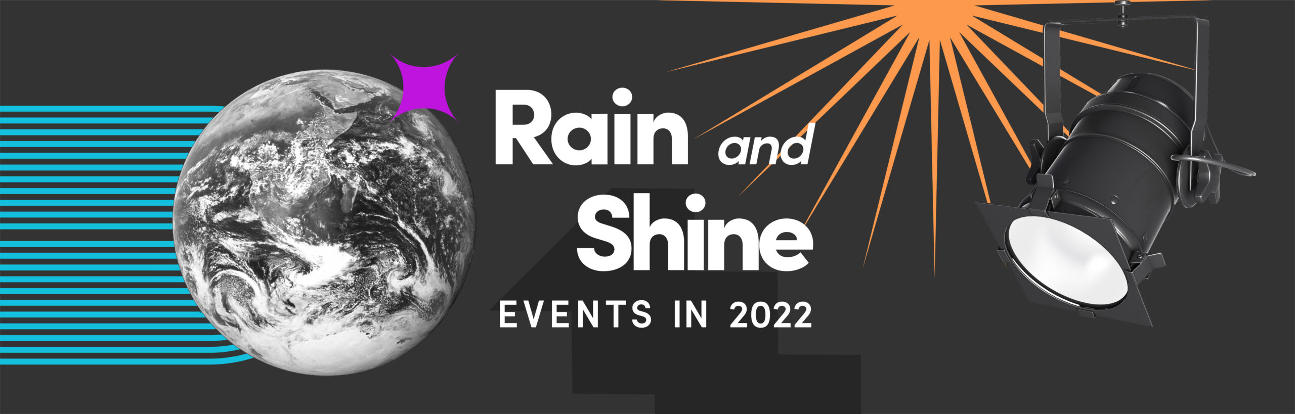 A globe and graphics surrounding the text "Rain and Shine Events in 2022"