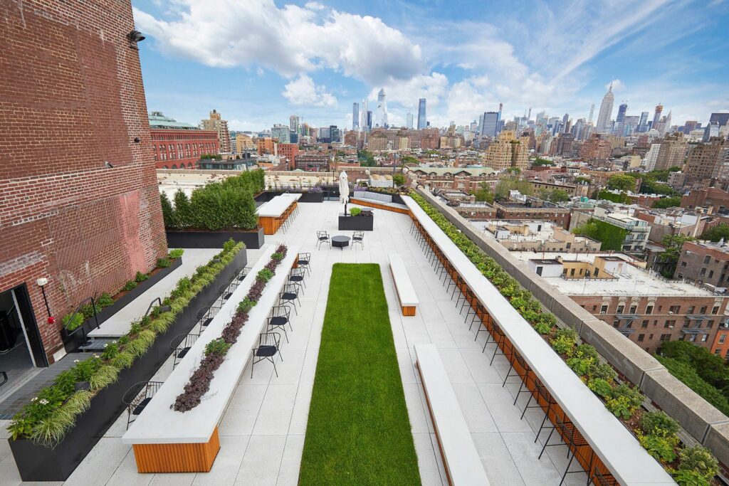 Expansive rooftop space with landscaped greenery