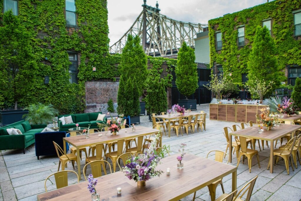 Outdoor space with ivy covered surrounding walls