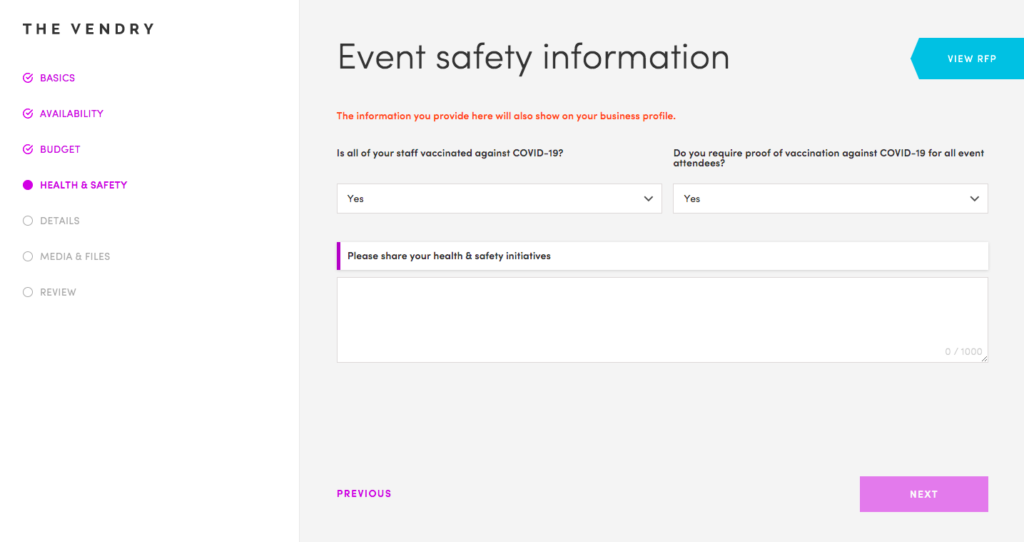 Screenshot of The Vendry website Event safety information