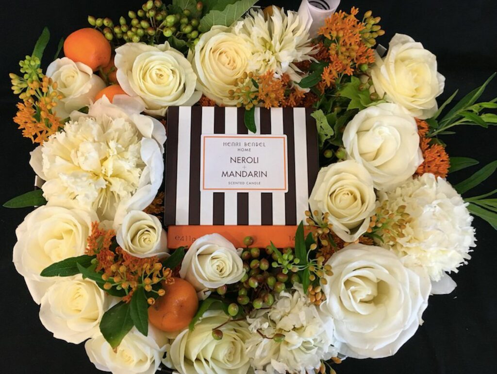 A Henri Bendel box framed with fresh flowers