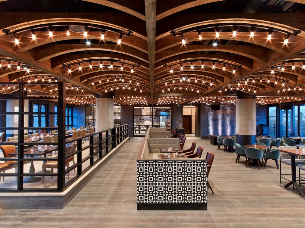 Large open space Austin restaurant with curved ceilings