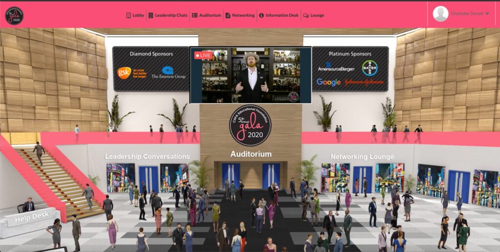 Screenshot of a virtual event that has an animated lobby and large screen tv