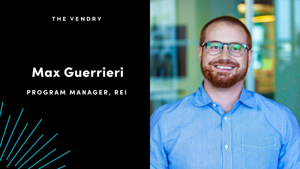 White male in glasses and a blue shirt next to the text "Max Guerrieri, Program Manager, REI"