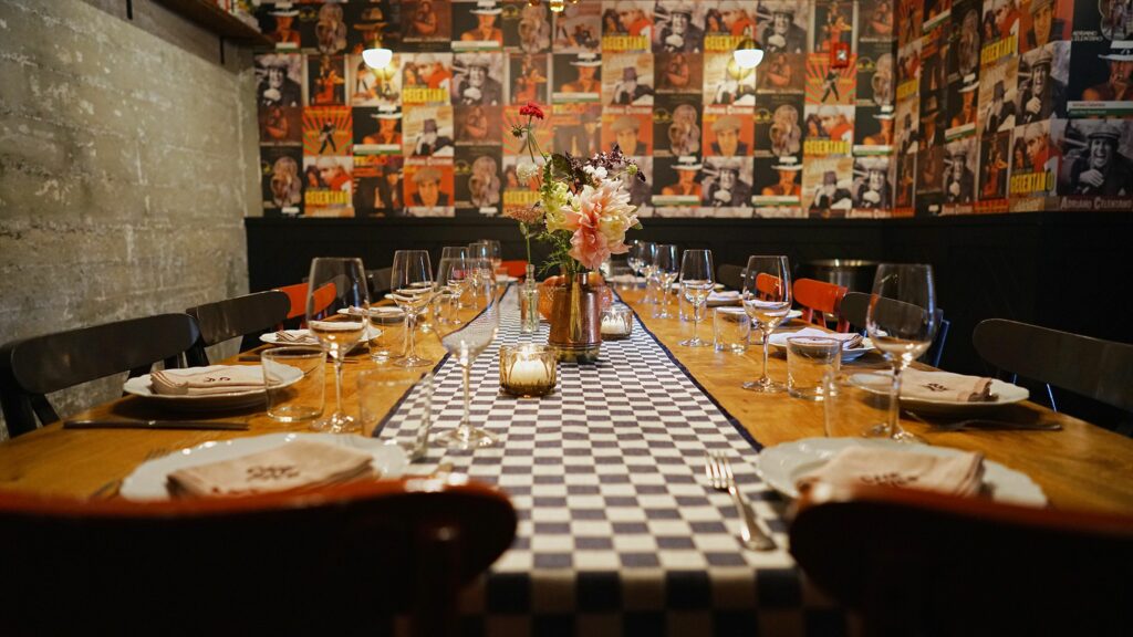 Dining table with a checkered runner