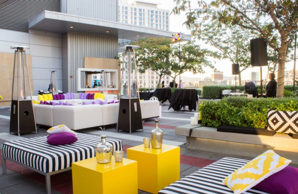 Rooftop at the Grammy Museum in Los Angeles with colorful lounge furniture 