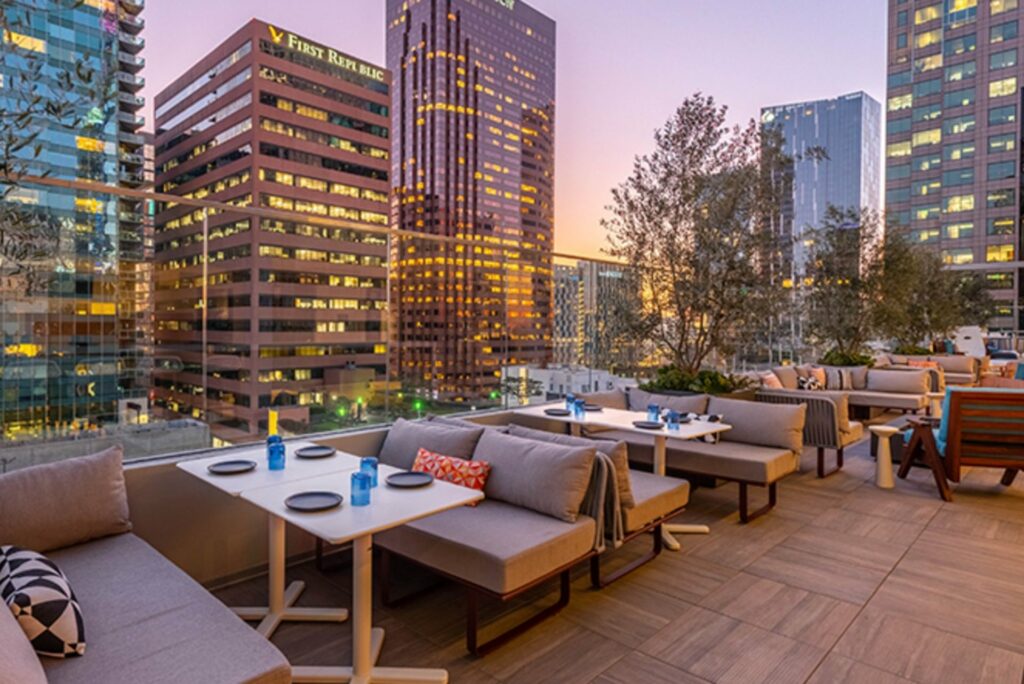 The Wayfarer downtown Hotel Rooftop in Los Angeles at sundown