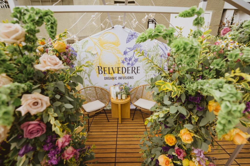 Photo moment set up for Belvedere using fresh florals