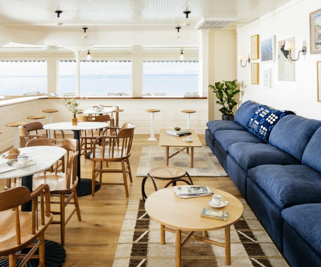 The light and airy lobby of the Sound View Greenport Hotel