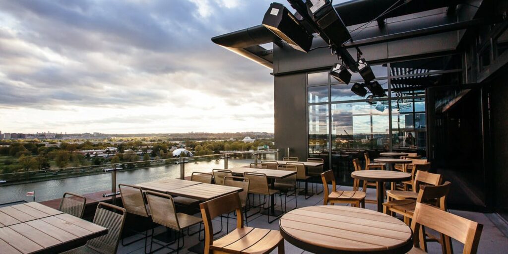 Outdoor rooftop deck of 12 Stories Bar in Washington D.C. with expansive views