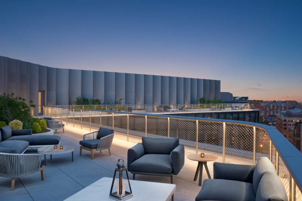 Expansive roof deck at the Conrad Washington D.C. with city views