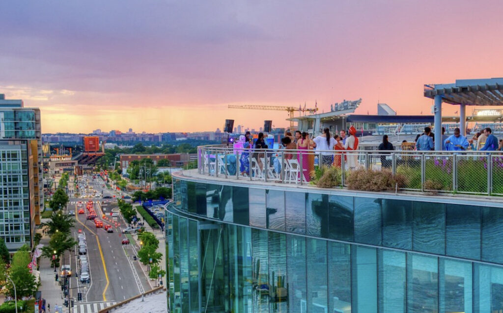 HQO event space overlooking part of Washington D.C. during sunset