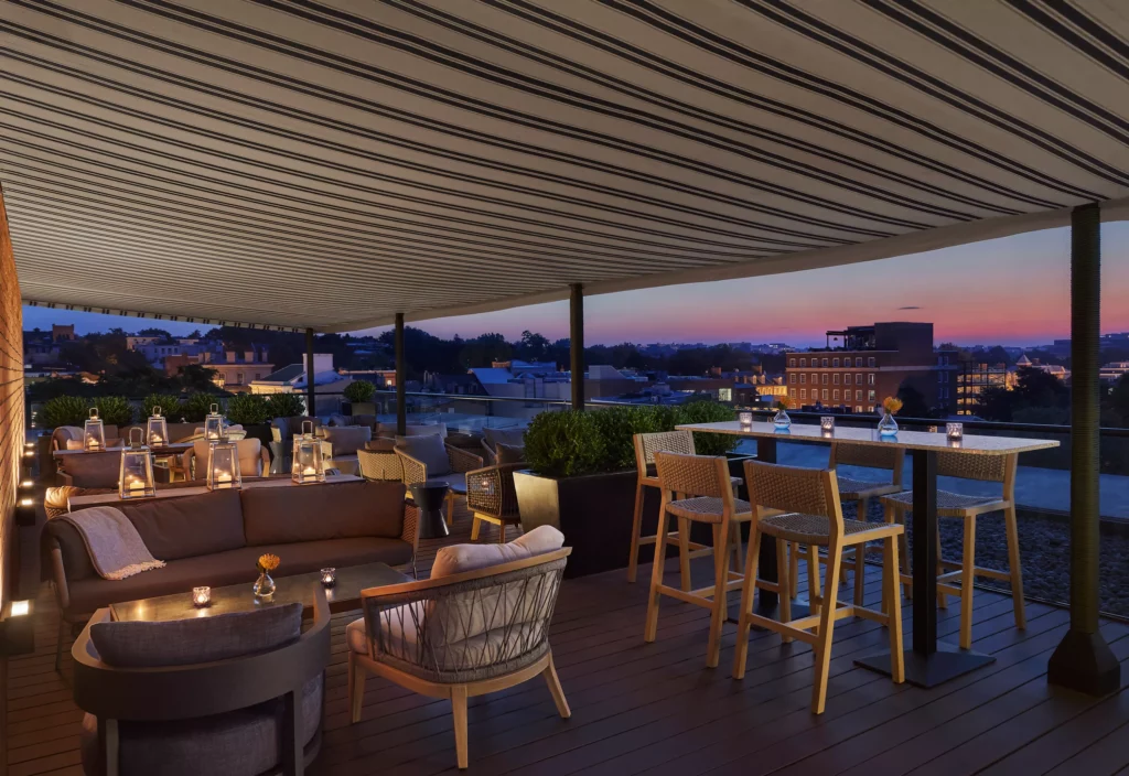 Rooftop at Roosewood Hotel in Washington D.C. at sunset