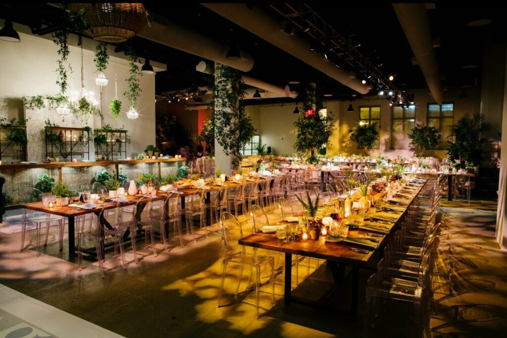 Event space with long communal tables at The Showroom in Washington D.C.