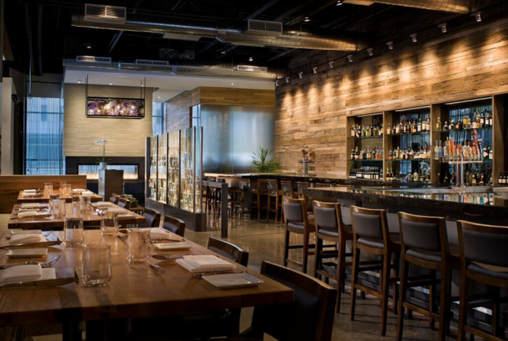 Catalyst Restaurant in Boston with an exposed wooden beam wall