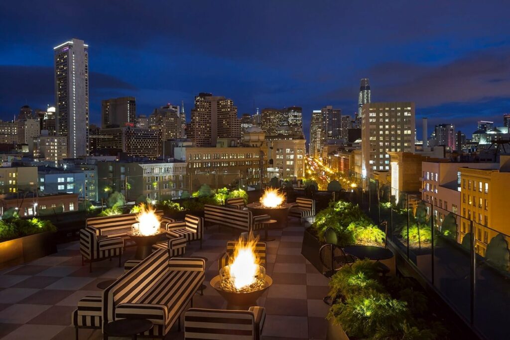 Outside space at Charmaine's overlooking the San Francisco skyline