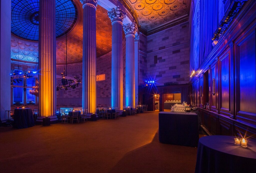 Gotham Hall NYC event space with stained glass lit ceilings