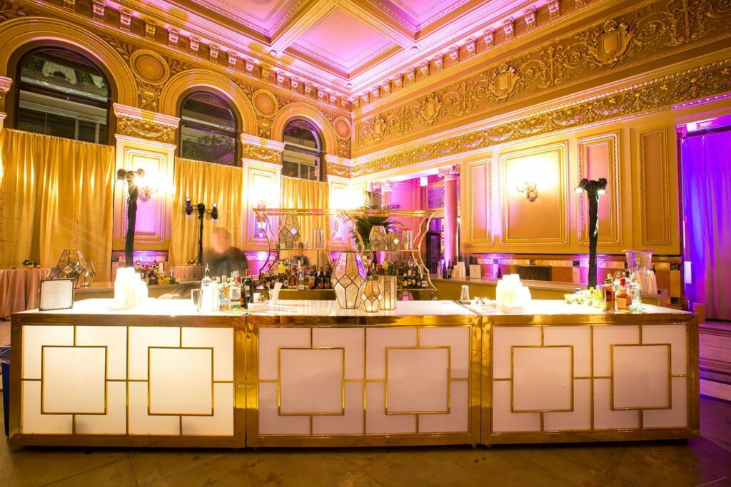 Ornate gold and white bar at The Hibernia venue in San Francisco