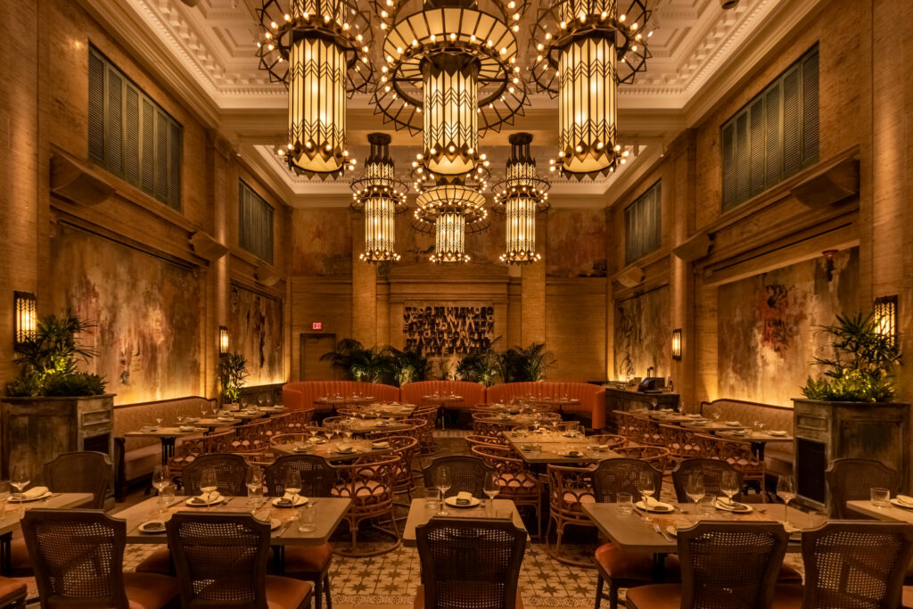 Mariel in boston with vaulted ceilings and ornate furniture and light fixtures