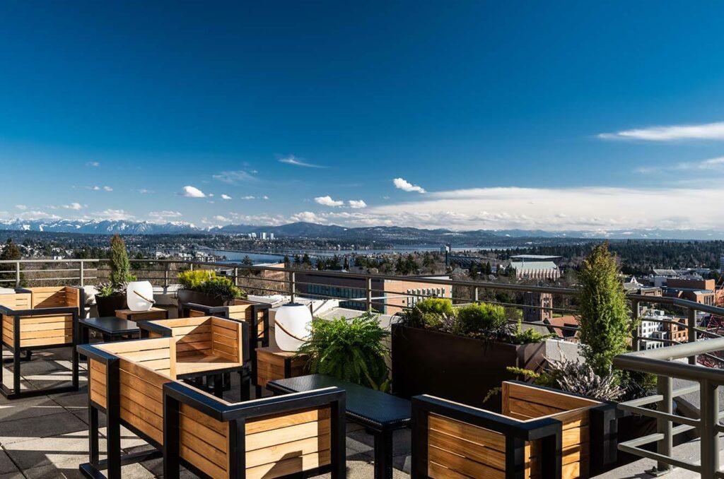 Rooftop of the Moutaineering Club overlooking Seattle