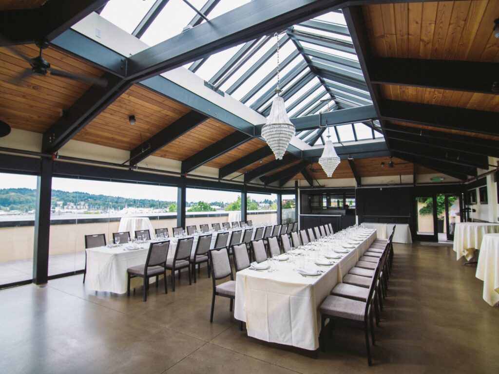 Olympic Rooftop Pavilion at Stoneburner in Seattle with high ceilings and an expansive skylight 