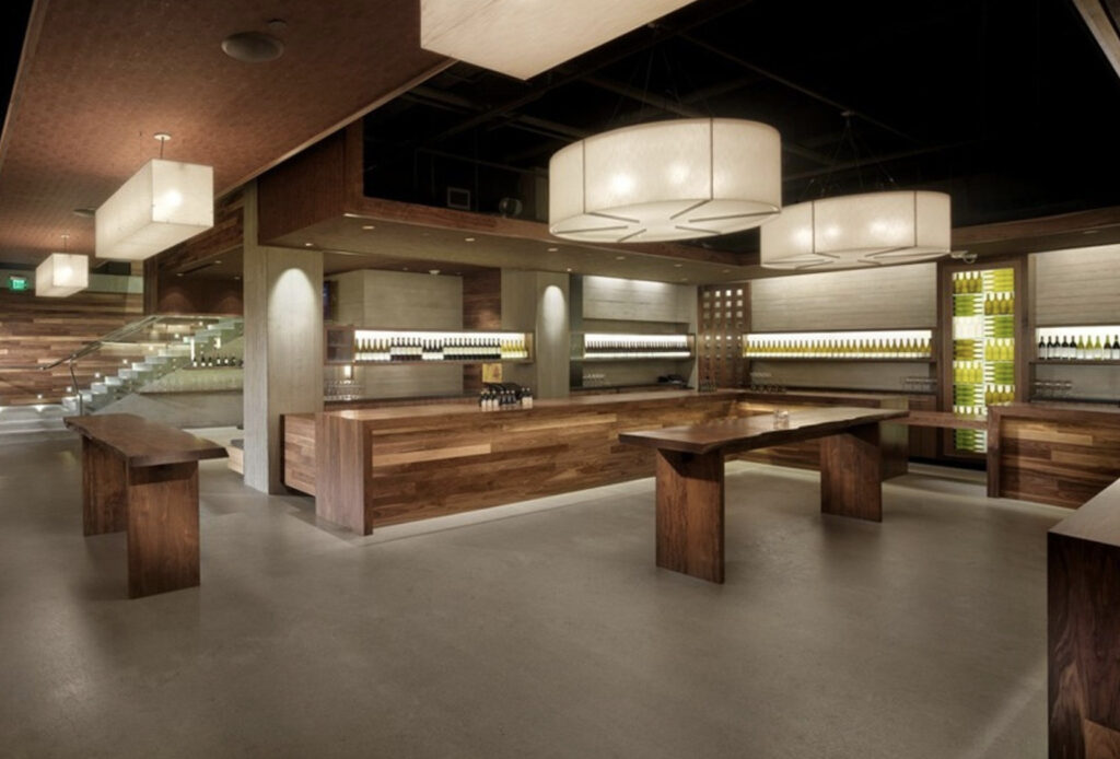 Sleek interior of the Press Club in San Francisco with Large soft lighting fixtures