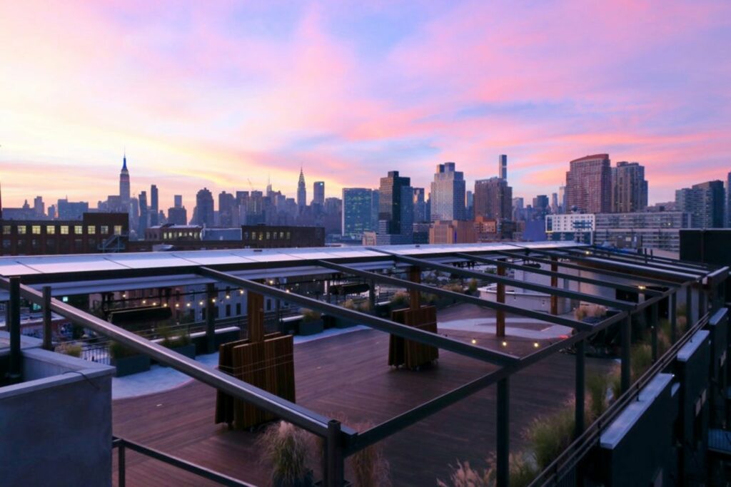 The Box House Hotel rooftop with views over Manhattan, Brooklyn, and Long Island City
