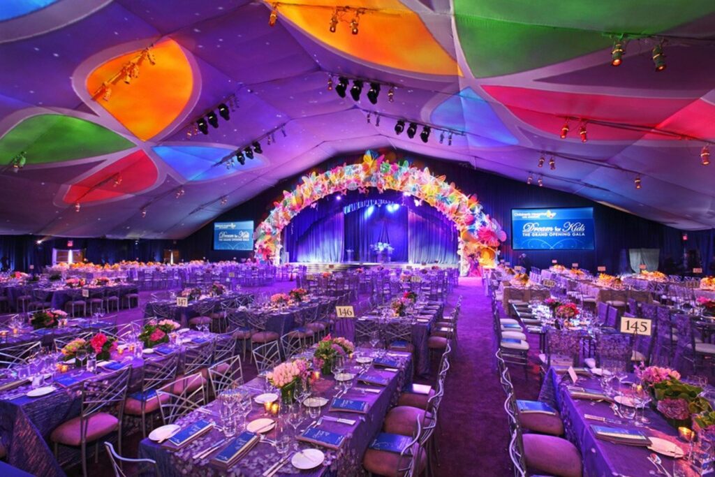 LA Live Los Angeles indoor corporate venue with colorful tent 