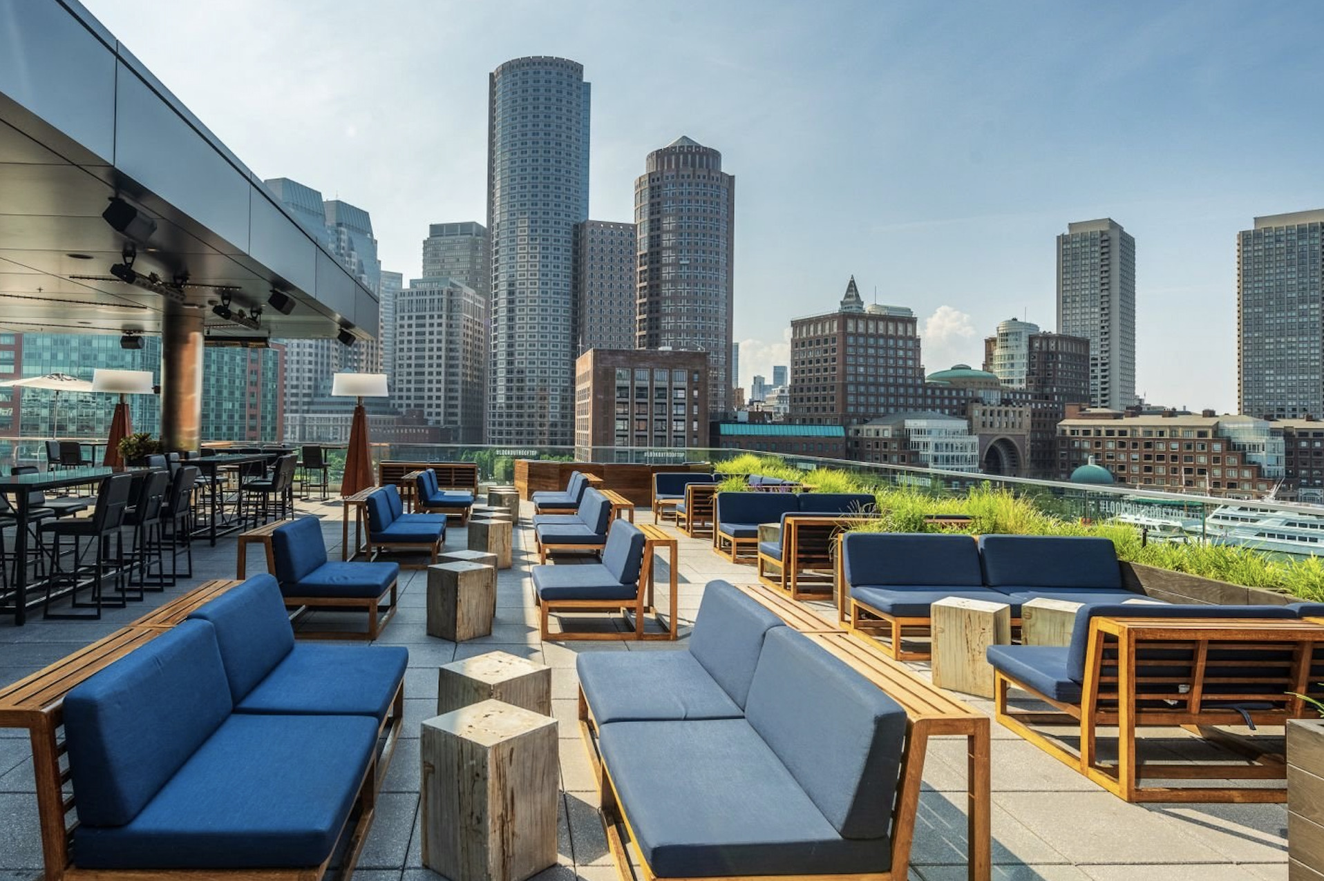 Lookout Rooftop at the Envoy Hotel in Boston with views of the city and the harbor