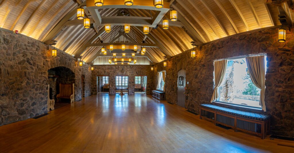 Boettcher Mansion Denver venue fireside room with ceiling lanterns 