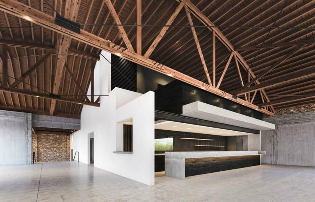 City Market Social House venue space with wooden panel ceilings