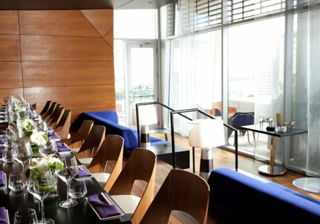 private dining room with large windows and wooden panel walls