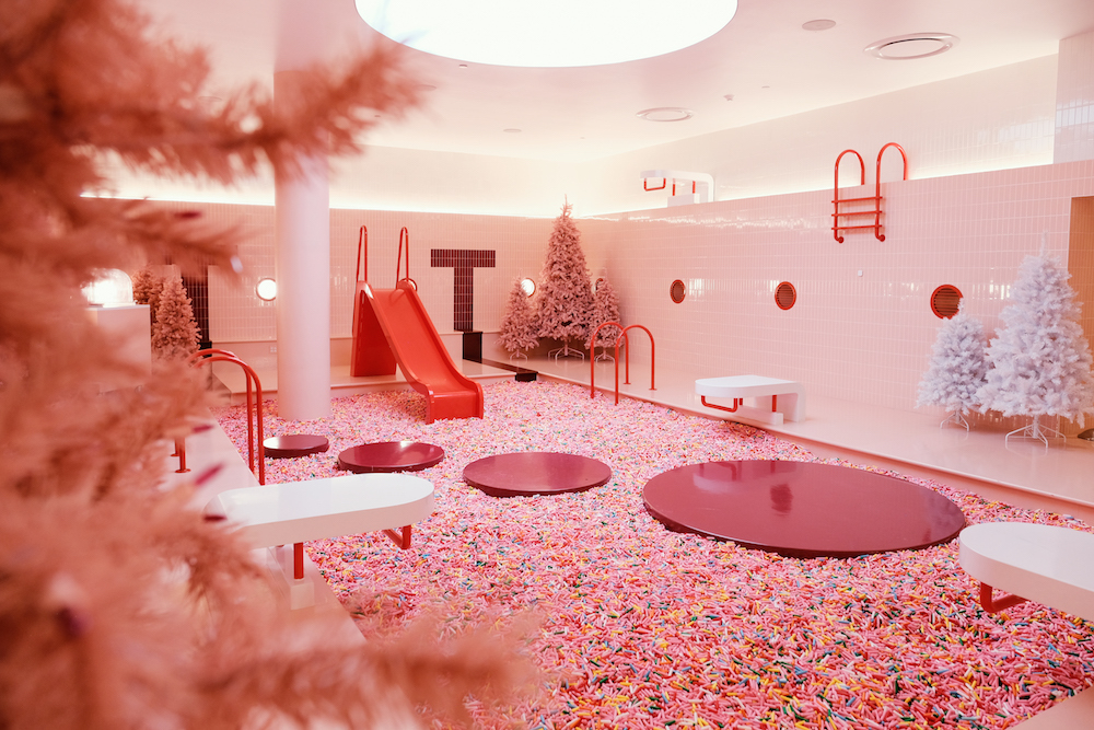 Museum of Ice Cream in NYC decorated with pink and white Christmas trees