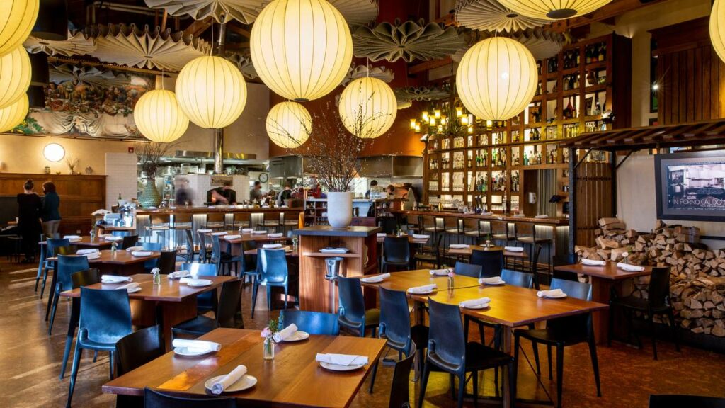 Private dining room with ceiling lanterns