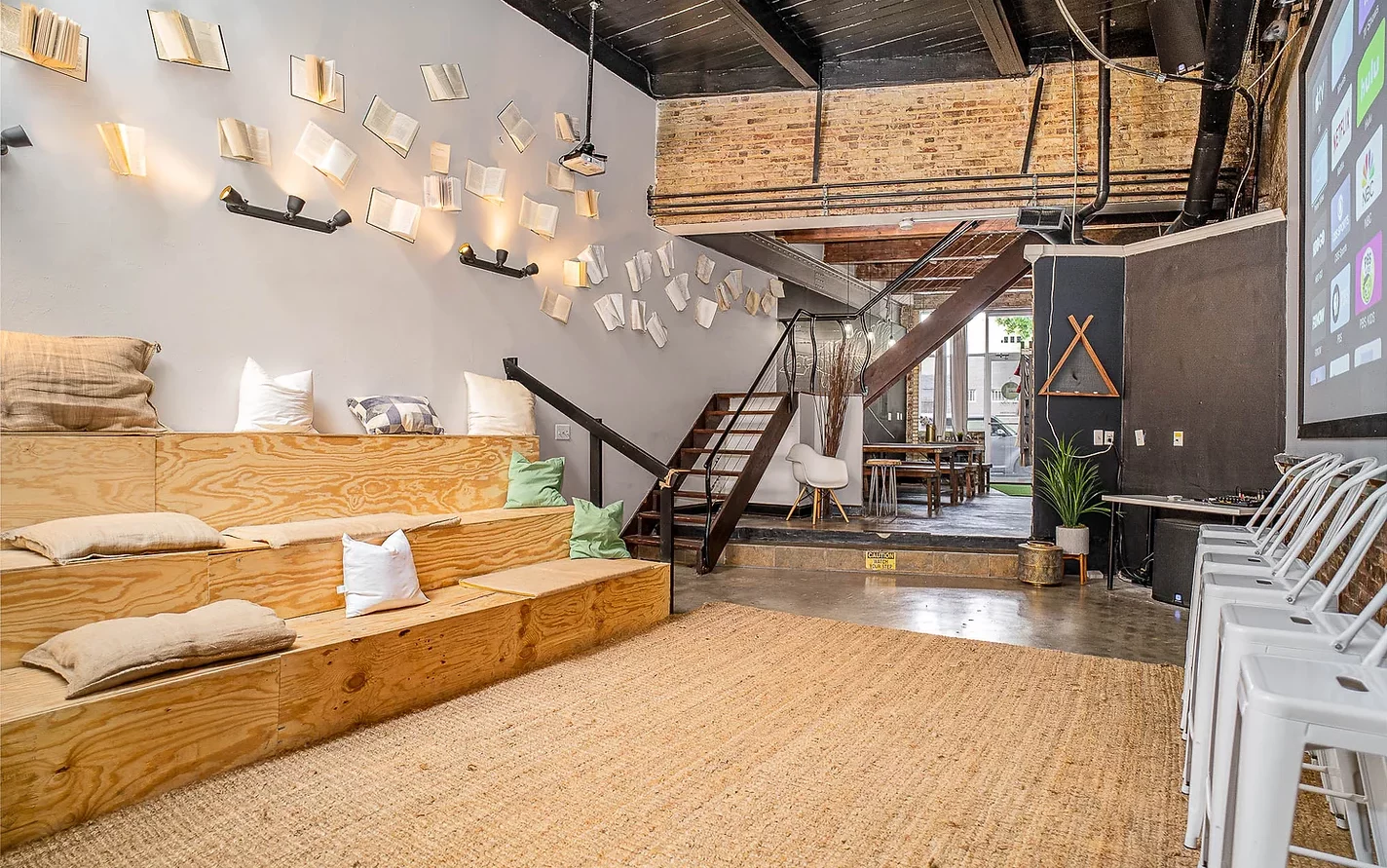 One Seven Creative Space indoor unique Atlanta venue with staircase and wooden leveled benches