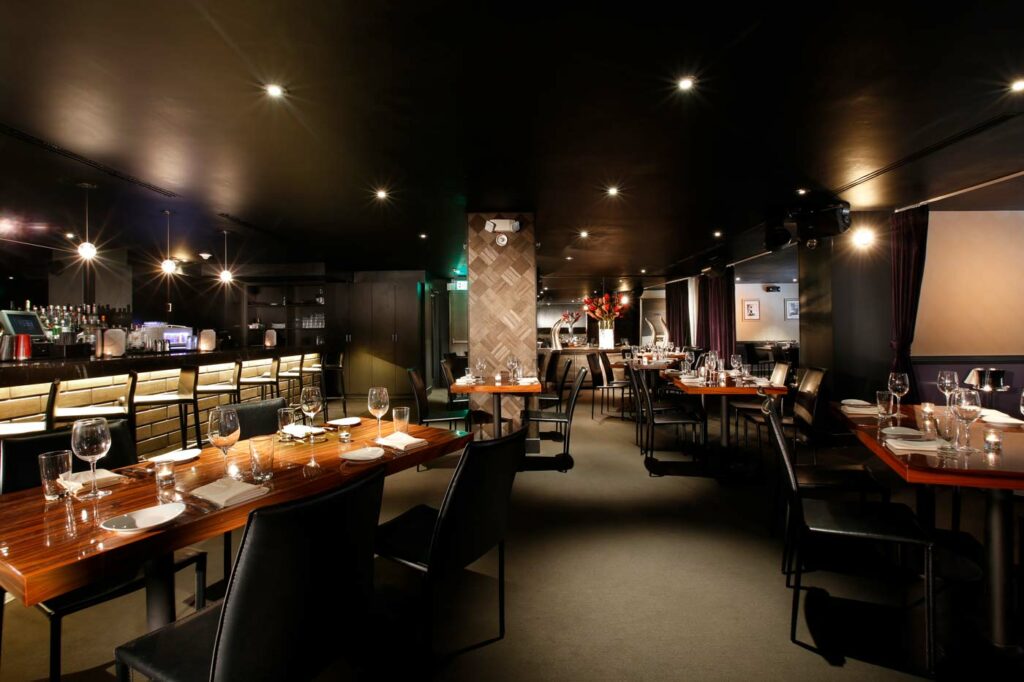 STK Steakhouse with very sleek decor and dim lighting
