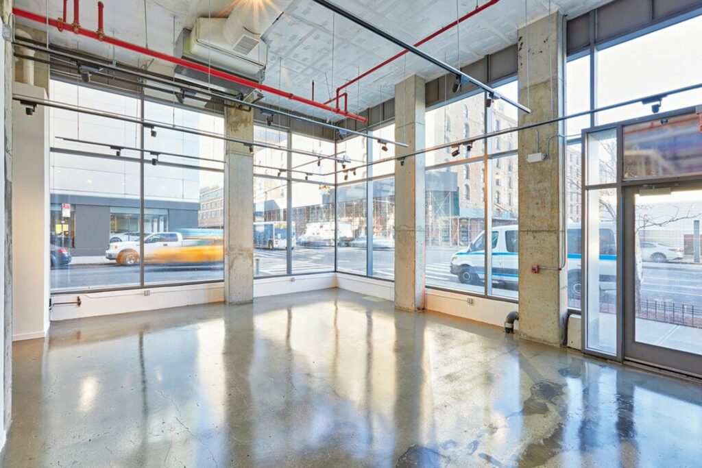 Industrial venue space looking out onto a New York City street
