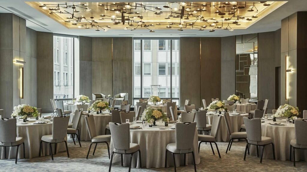 The Four Seasons Hotel New York Downtown's private dining area with white  tablecloths and seating