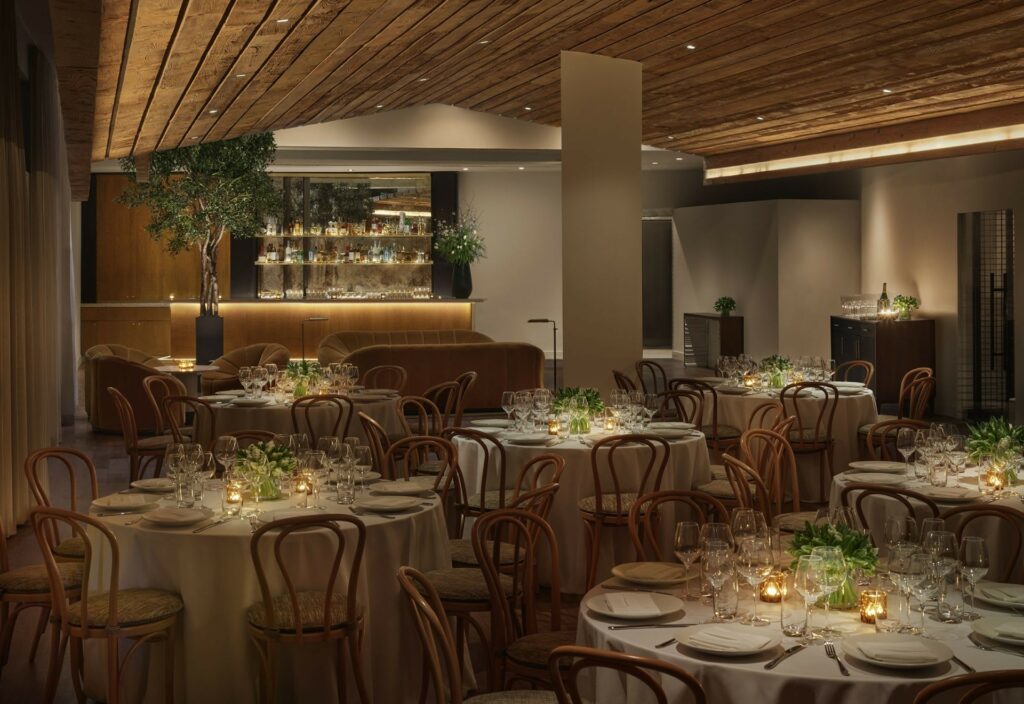 Hotel dining room with white table cloths