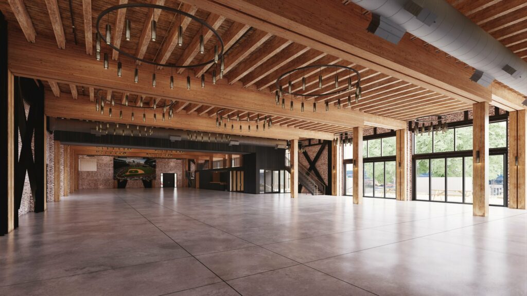 Victory Hall at Boxyard in Seattle with concrete floors and exposed beam ceilings 