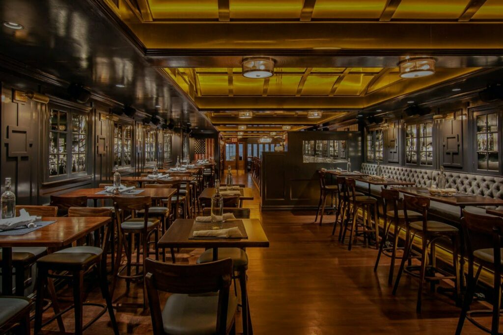 The Independent Bar in NYC with warm lighting and wooden furnishings