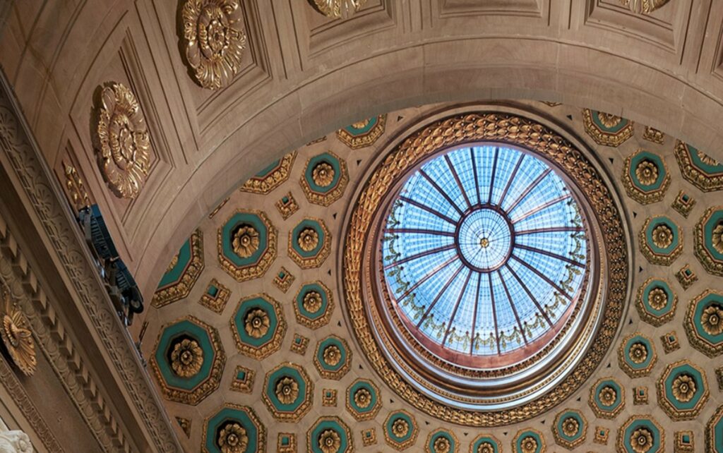 Dome ceiling with skylight and ornate aqua detail