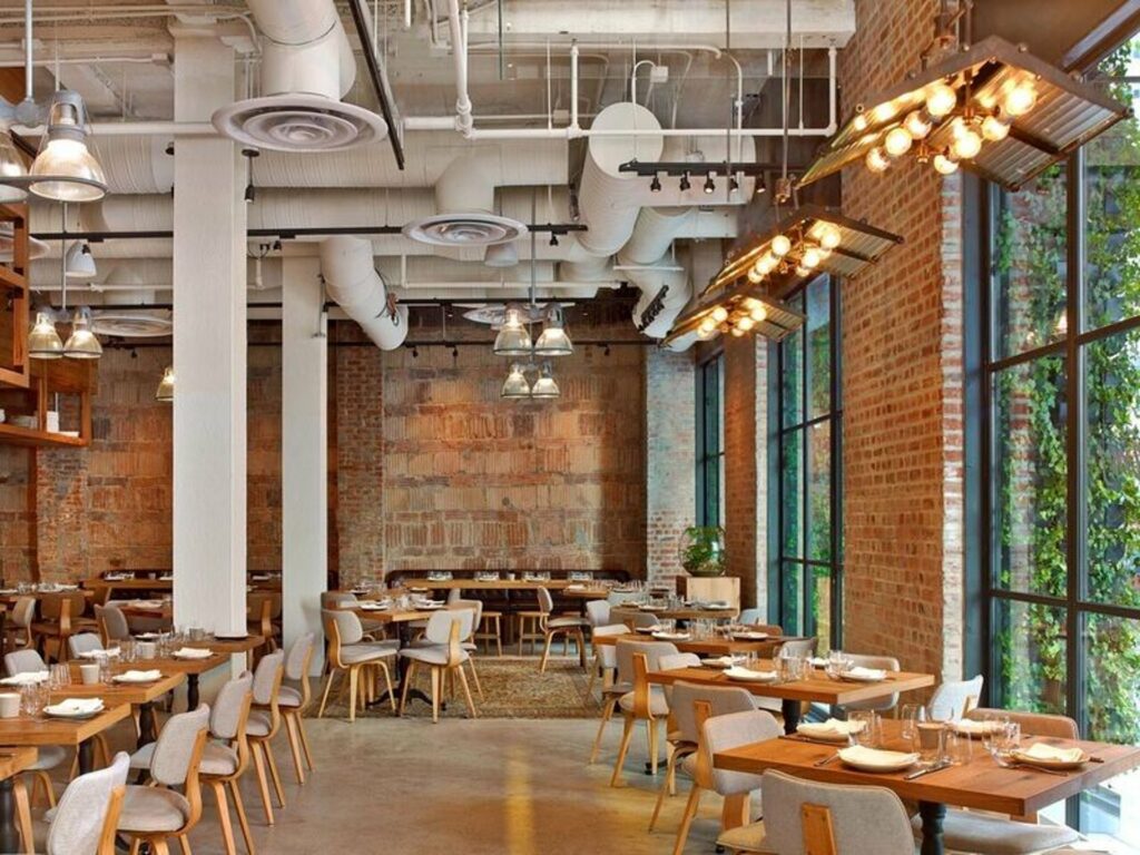 Brick bar and restaurant space with modern seating