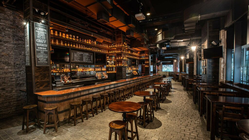 Wooden bar with wooden barstools and tables and cobblestone floor