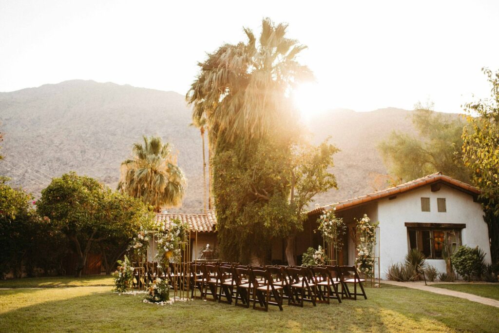 a group of chairs in a yard surrounded by palm trees
