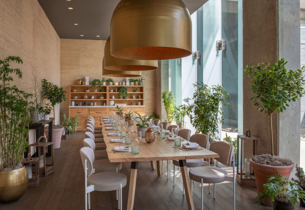 A private dining room with a wooden interior, floor-to-ceiling glass windows offering natural lighting, ornamental plants and a long table in the middle