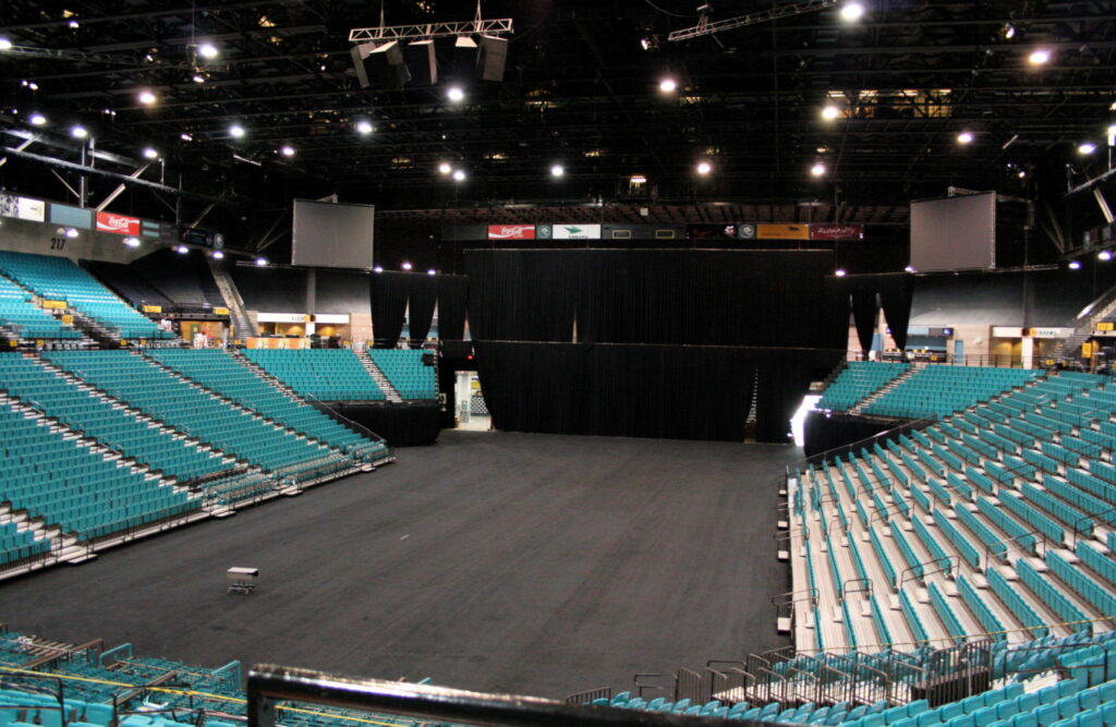 A spacious events arena with plenty of lighting and audio visual capabilities