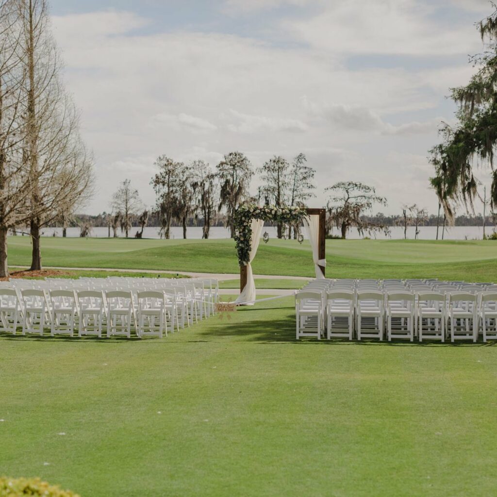 An event lawn with an overlooking views of the Lake Nona